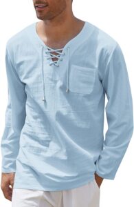 COOFANDY Mens Cotton Linen Shirts Lace Up Casual Beach Hippie Tee Shirts V Neck