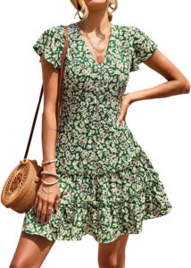 KIRUNDO Women’s Summer Hot Short Sleeve V-Neck High Waist Floral Print Mini Boho Sun Dress with Button